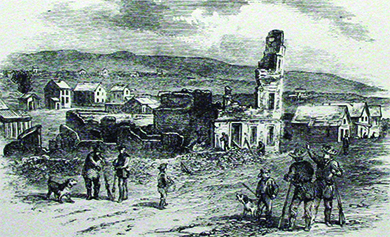 An illustration shows the aftermath of the sacking of Lawrence, Kansas, by border ruffians. Several men and dogs stand outside the ruins of the Free State Hotel.