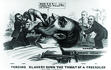 A political cartoon entitled “Forcing Slavery Down the Throat of a Free Soiler” shows a larger-than-life Free-Soiler lying on his back with his mouth open, tied to a dock labeled “Democratic Platform,” with planks labeled “Kansas,” “Cuba,” and “Central America.” Stephen Douglas and Franklin Pierce stand on the Free-Soiler’s chest and push a black man down his throat; the black man says “MURDER!!! Help - neighbors help. O my poor Wife and Children.” James Buchanan and Lewis Cass, who stand on the platform, each grasp a lock of the Free-Soiler’s hair to hold him down. In one corner of the image, a home burns down as a woman and child flee; in the other, a lynched man hangs from a tree.