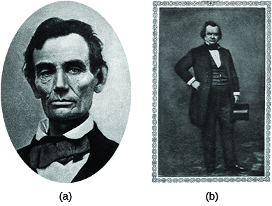 Photograph (a) is a portrait of Abraham Lincoln. Photograph (b) is a portrait of Stephen Douglas.