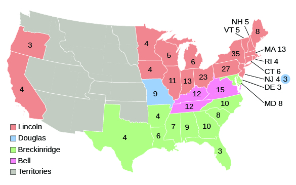 A map shows the disposition of electoral votes for the election of 1860. Each state is labeled to indicate the number of electoral votes cast and shaded to indicate the candidate to whom that state went. Oregon (3), California (4), Minnesota (4), Iowa (4), Wisconsin (5), Illinois (11), Indiana (13), Michigan (6), Ohio (23), Pennsylvania (27), New York (35), Connecticut (6), Rhode Island (4), Massachusetts (13), Vermont (5), New Hampshire (5), and Maine (8) voted for Lincoln. New Jersey, with seven votes total, voted for Lincoln with a majority of 4 votes and Douglas with 3. Texas (4), Louisiana (6), Arkansas (4), Mississippi (7), Alabama (9), Georgia (10), Florida (3), South Carolina (8), and North Carolina (10) voted for Breckinridge. Tennessee (12), Kentucky (12), and Virginia (15) voted for Bell. Missouri (9) voted for Douglas. The territories, which did not participate in the election, are labeled as well.
