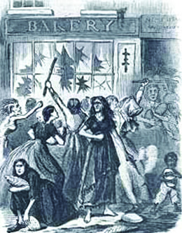 An illustration shows a crowd of women and children, some of whom are gaunt and scantily dressed, breaking the windows of a storefront marked “Bakery” with sticks and running off with loaves of bread.