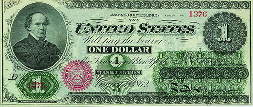 A Union one dollar “greenback” is shown. In the upper left-hand corner is a portrait of Salmon P. Chase, the U.S. Treasury secretary under Abraham Lincoln.