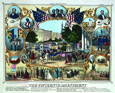An illustration depicts a series of scenes and portraits, shown in gilded frames and surrounded by American flags, relating to black rights and the passage of the Fifteenth Amendment. A large central scene shows the parade celebrating the Fifteenth Amendment’s passage. In the upper corners, portraits of Ulysses S. Grant and Schuyler Colfax are shown. Other scenes include a black man reading the Emancipation Proclamation; three black men with Masonic paraphernalia (labeled “We Unite in the Bonds of Fellowship with the Whole Human Race”); a Bible (labeled “Our Charter of Rights”); a black classroom scene (labeled “Education Will Prove the Equality of the Races”); a black pastor preaching to a congregation (labeled “The Holy Ordinances of Religion Are Free”); two free blacks tilling their own fields; a black officer commanding his troops (labeled “We Will Protect Our Country as It Defends Our Rights”); a black man reading to his family (labeled “Freedom Unites the Family Circle”); a black wedding ceremony (labeled “Liberty Protects the Marriage Alter”); a black man voting (labeled “The Ballot Box Is Open To Us”); and Hiram Revels in the House of Representatives (labeled “Our Representative Sits in the National Legislature”). Other individual portraits include Abraham Lincoln, Hiram Revels, Martin Delany, Frederick Douglass, and John Brown.