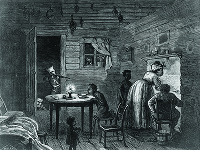An illustration shows a black family, with three small children, tending to their hearth as a hooded Klansman, undetected, points a rifle at them through the open doorway.