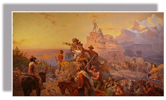 A painting of westward expansion shows pioneer men, women, children, and mountain guides, both mounted and riding in wagons. The group heads west; several men point and gaze in the direction of their destination. The travelers are surrounded by a dramatic mountain landscape.