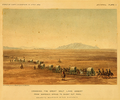 A drawing shows a long line of covered wagons crossing the desert, with several men mounted on horses riding on each side. The text reads, “Crossing the Great Salt Lake Desert. From Simpson’s Spring to Short Cut Pass, Granite Mountains in the Distance.”