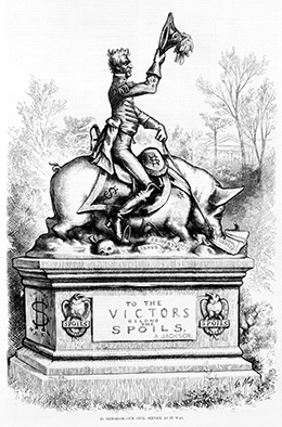 A cartoon shows Andrew Jackson riding a pig, which is walking over “fraud,” “bribery,” and “spoils,” and feeding on “plunder.”