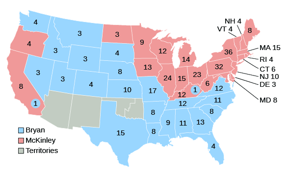 A map shows the votes of the Electoral College in the 1896 election.