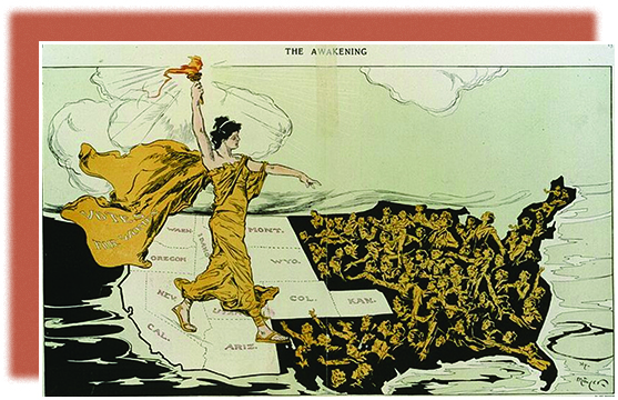 A cartoon shows a suffragist standing on a map of the United States, wearing a flowing gown that bears the words "Votes for Women." She holds a torch over the western states, which are bright and bear their state names; the rest of the nation appears as a dark abyss, from which crowds of desperate women reach up. The main figure walks toward these women, extending her other hand to them.