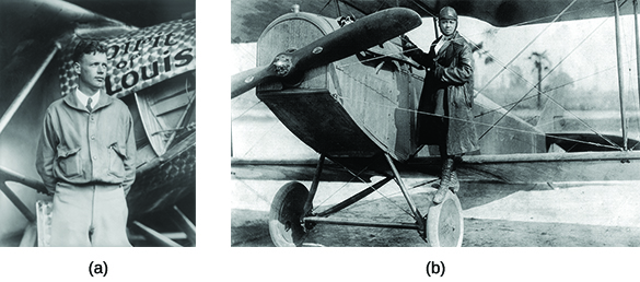 Photograph (a) shows Charles Lindbergh standing in front of a plane labeled “Spirit of St. Louis.” Photograph (b) shows Bessie Coleman posing on the wheel of a plane.