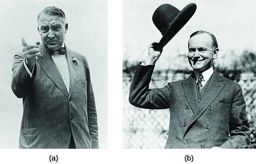 Photograph (a) shows Warren Harding pointing his finger with a stern expression on his face. Photograph (b) shows Calvin Coolidge smiling and holding his hat above his head.