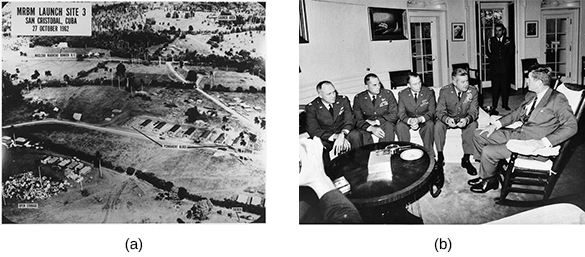 Photograph (a), labeled “MRBM Launch Site 3/San Cristobal, Cuba/27 October 1962,” shows an aerial view of a Cuban missile site. Photograph (b) shows President Kennedy seated in a chair, meeting with a group of uniformed pilots.