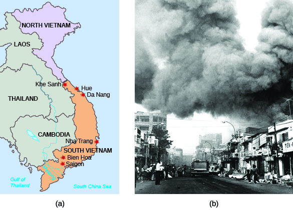Map (a) shows Southeast Asia, with labels for North Vietnam, Laos, Thailand, Cambodia, and South Vietnam, as well as Khe Sanh, Hue, Da Nang, Nha Trang, Bien Hoa, and Saigon. Photograph (b) shows a Saigon street with massive plumes of black smoke rising above it.