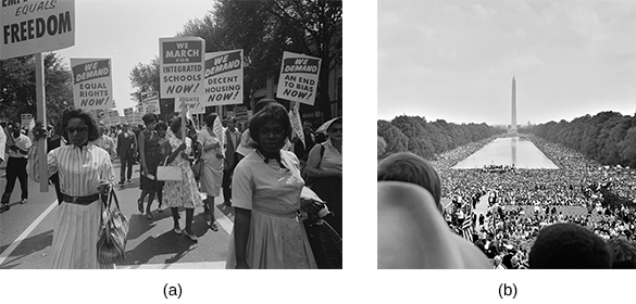Photograph (a) shows a group of African American protesters marching in the street, carrying signs that read “We demand equal rights NOW!”; “We march for integrated schools NOW!”; “We demand equal housing NOW!”; and “We demand an end to bias NOW!” Photograph (b) shows a massive crowd gathered on the National Mall during the March on Washington.