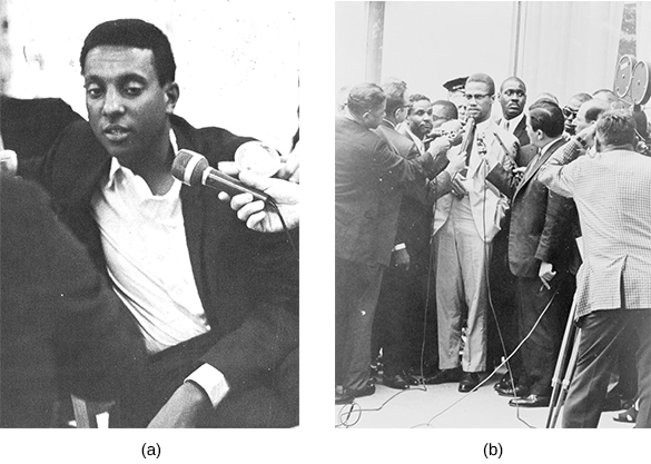 Photograph (a) shows Stokely Carmichael speaking into a microphone. Photograph (b) shows Malcolm X speaking before members of the media, several of whom hold microphones near him.